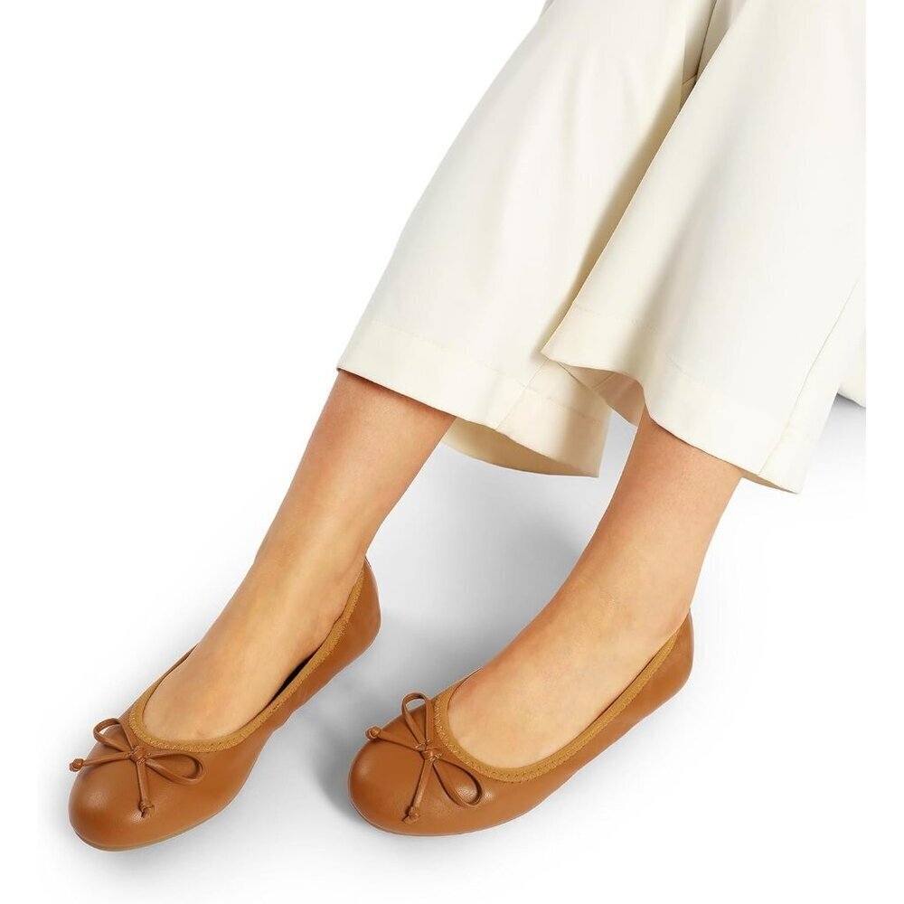 Women's Brown Flats Foldable Ballet Bowknot Round Toe Comfort Light Weight - Picture 7 of 8